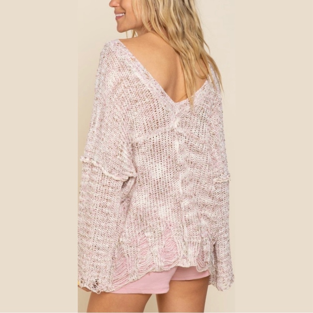 POL Pink & White Threaded Distressed Double V-Neck Sweater! - Picture 3 of 8